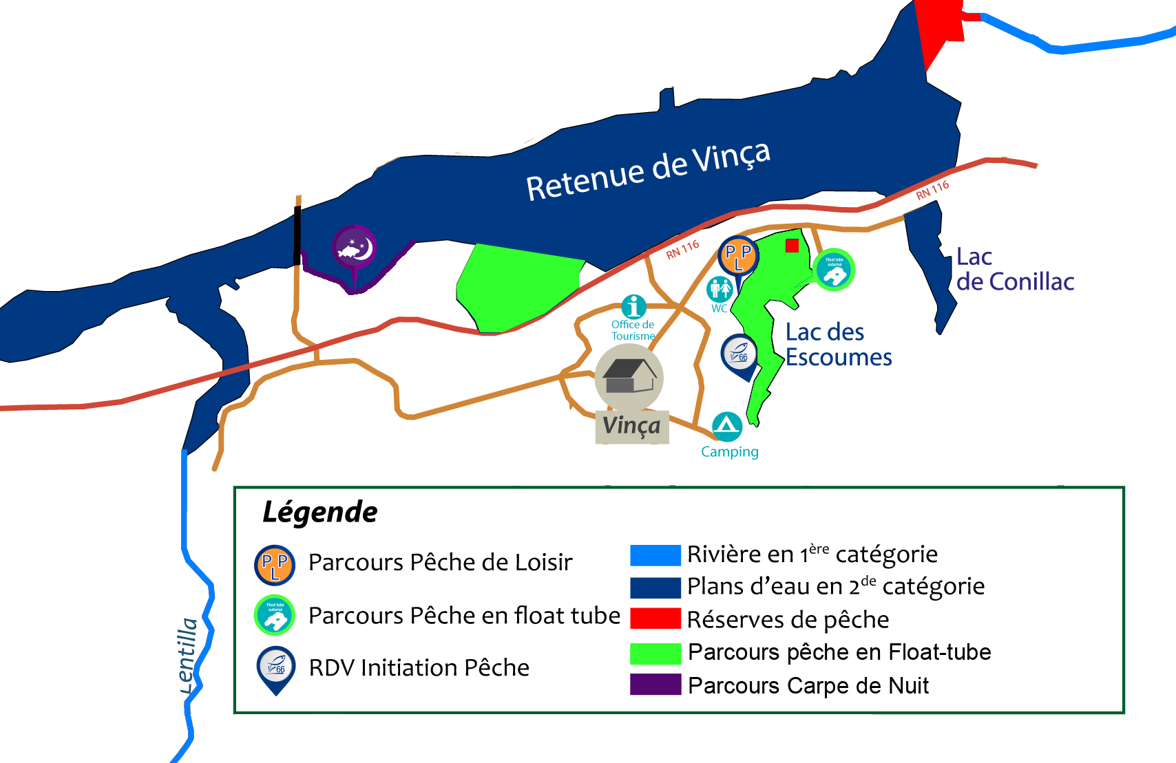 Parcours de pêche de la Carpe de nuit - Barrage de Vinça  Fédération des  Pyrénées Orientales pour la Pêche et la Protection du Millieu Aquatique